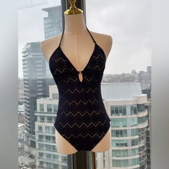 🆕 ZIMMERMANN 🧿NWOT Pointelle-Knit Halterneck Swimsuit, Plum-Navy, Sz 3 US 8/10 - Picture 7 of 14